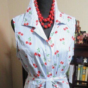 Blue and White Striped Swing Dress with Cherry Designs Size L